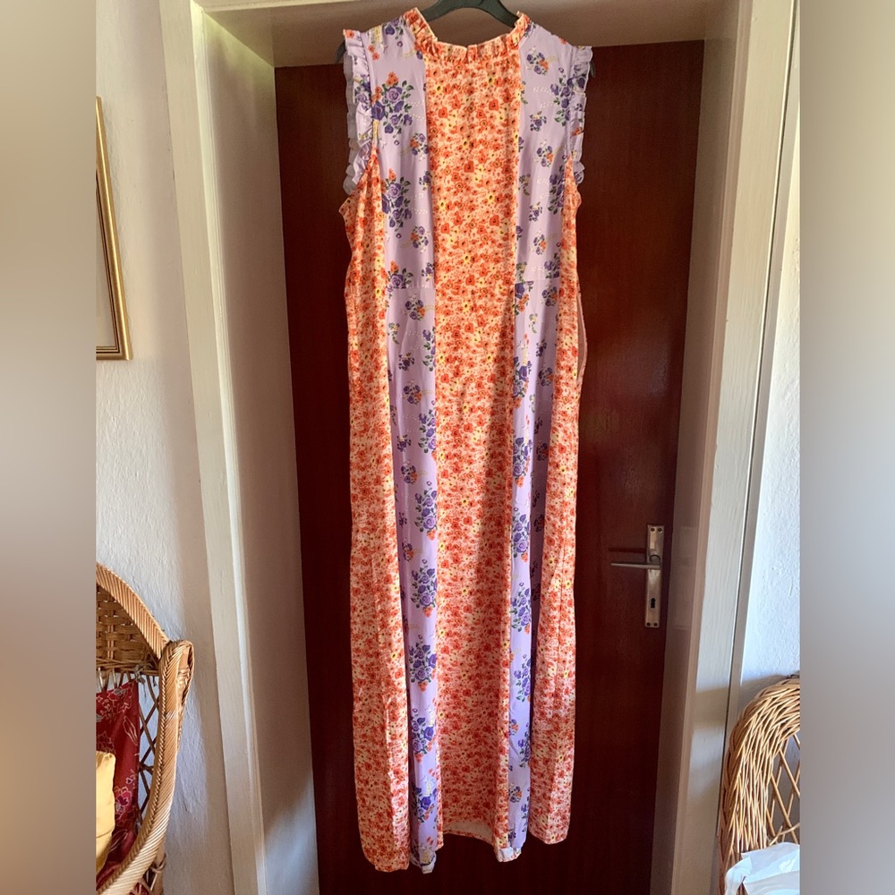 VILA Dress Sleeveless Orange Floral Ruffle Boho Midi  L